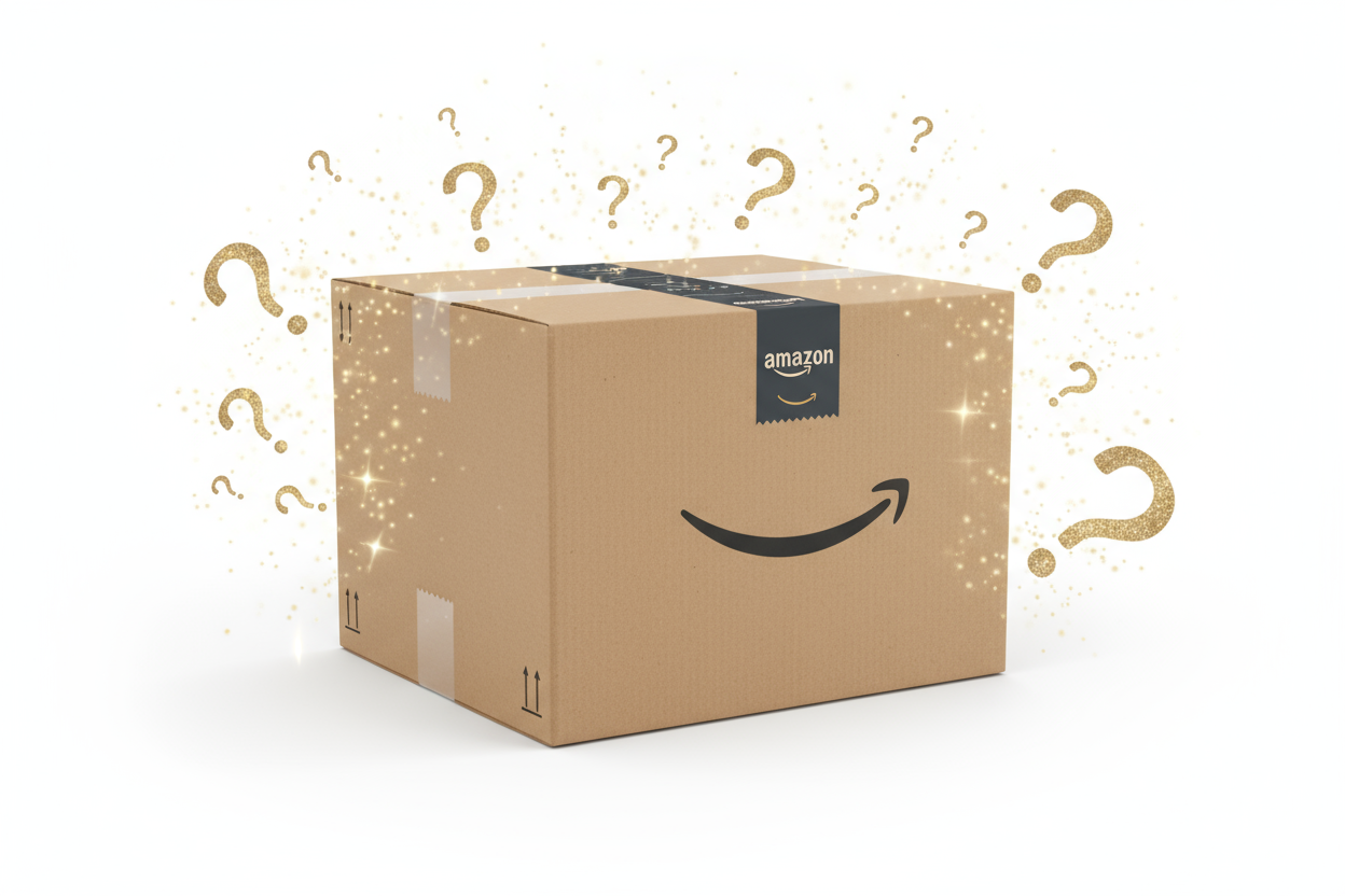 caja misteriosa amazon. amazon mystery box. con fondo blanco