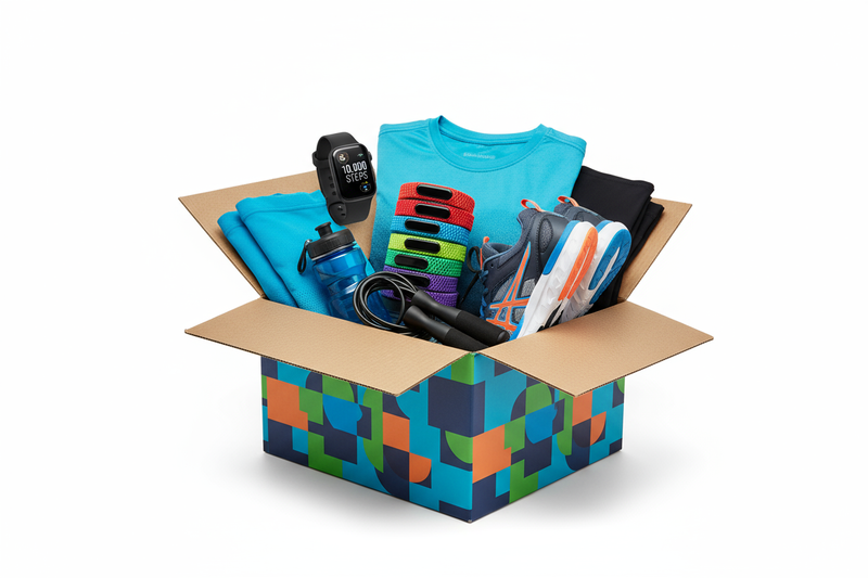 Caja sorpresa con smartwatch, bandas de actividad, ropa deportiva y zapatillas. Fondo blanco